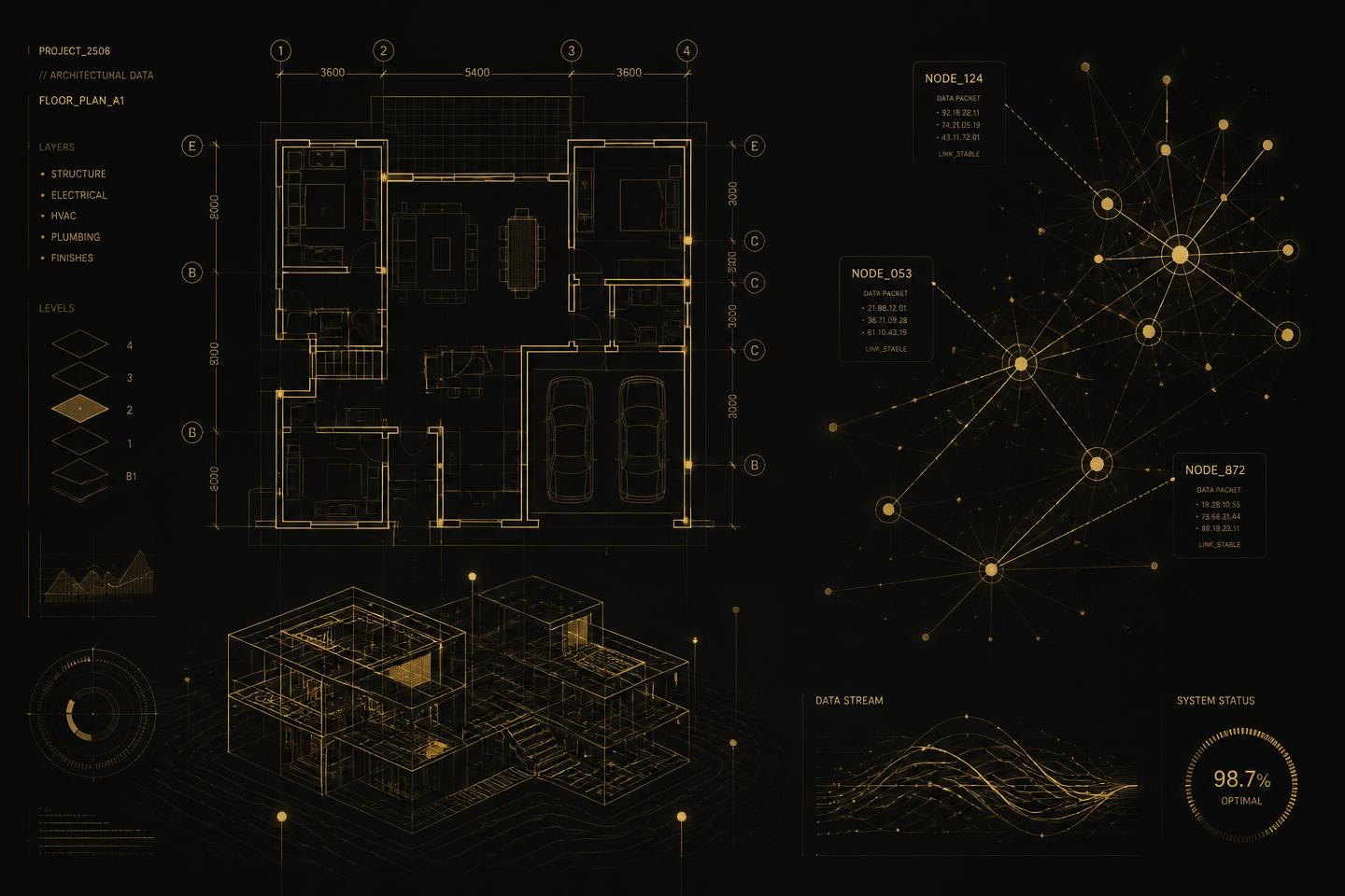 Abstract architectural data visualization in gold